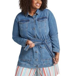 Lane Bryant sz 24 Denim Utility Jacket Button Stretch Repreve Waist Tie Pockets